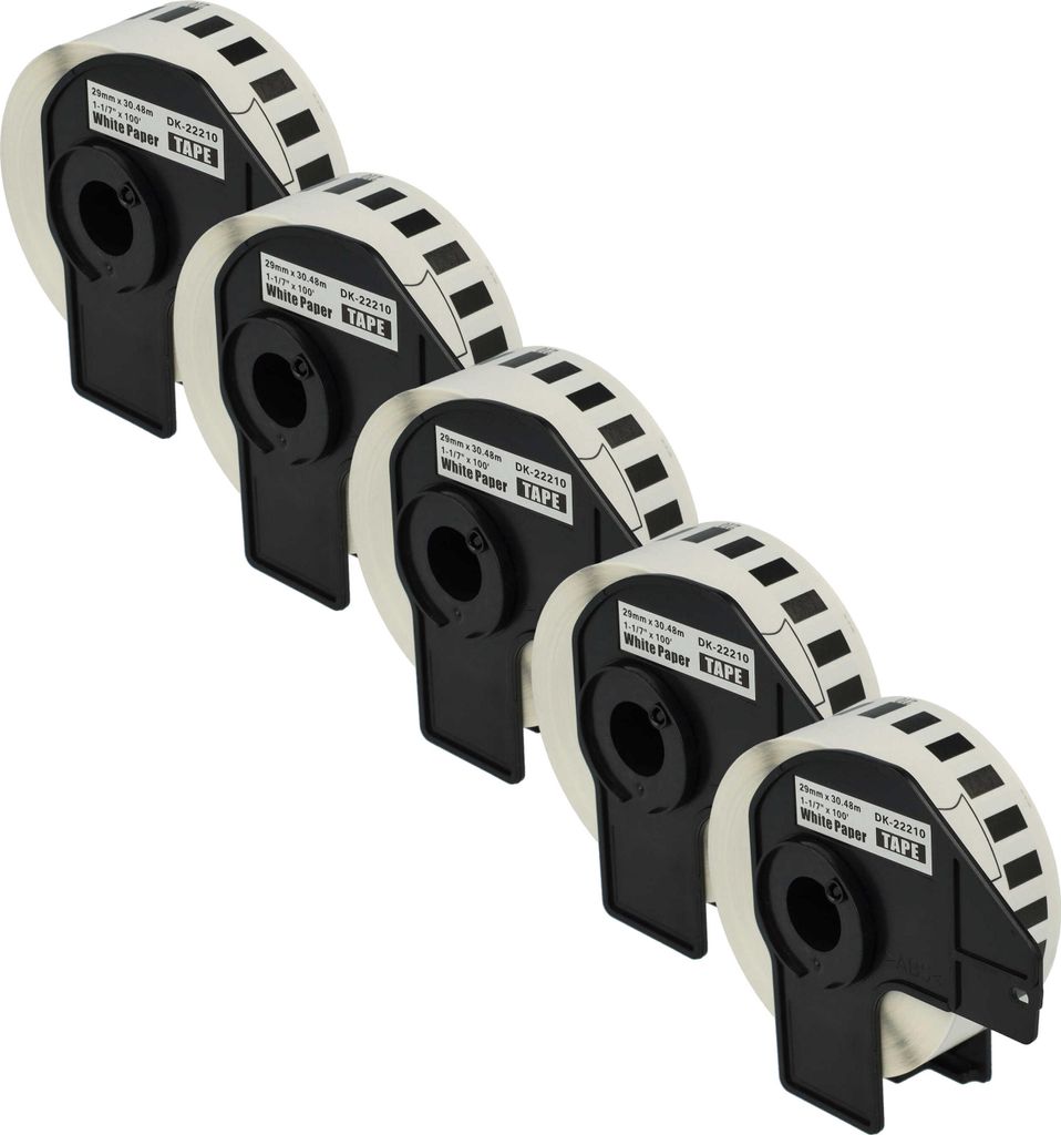 vhbw 5x Rolle mit Halter 29mm x 30,48m (1 Etikette) Ersatz für Brother DK-22210 für Drucker Weiß