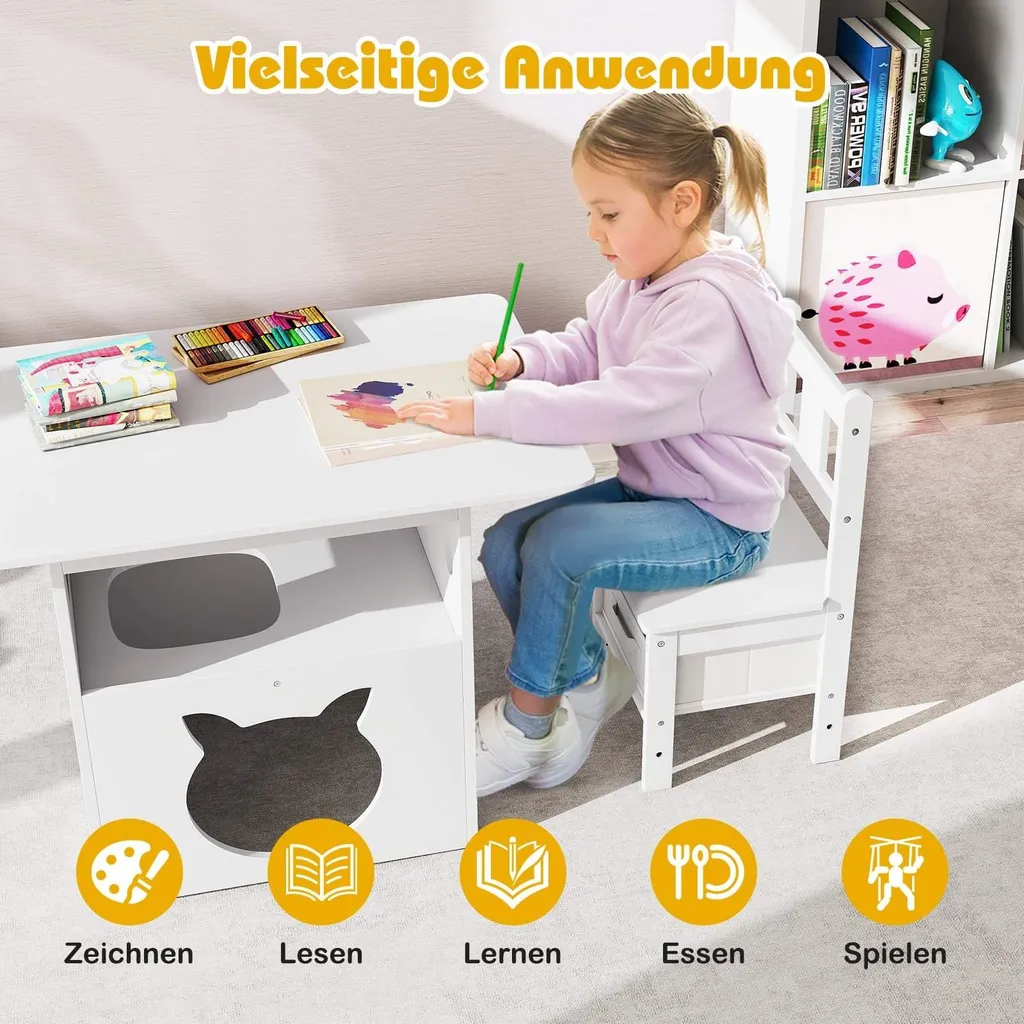 Ensemble table et chaises enfant avec maison chat et bacs rangement