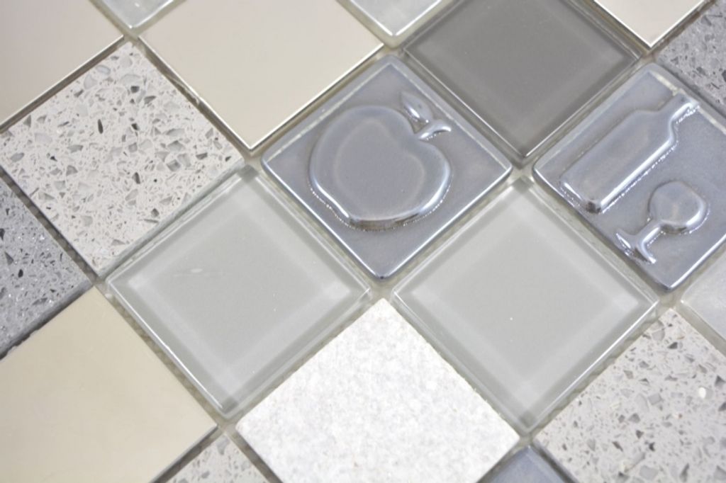 Handmuster Quadrat Crystal/Artificial/Stein/Stahl mix Relief grey Mosaikfliese Wand Fliesenspiegel Küche Bad MOS88-0217_m