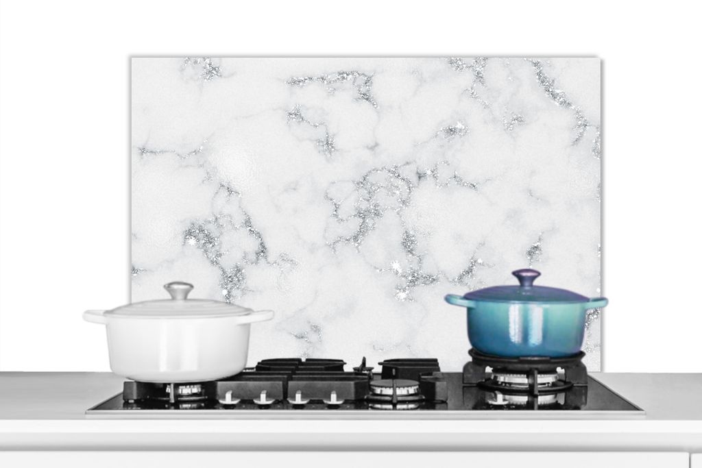 KitchenYeah Spritzschutz Küche - Küchenrückwand - Wandschutz für Herd und Spüle - Marmoroptik - Weiß - Grau 80x55 - Alu-Dibond (Alternative...