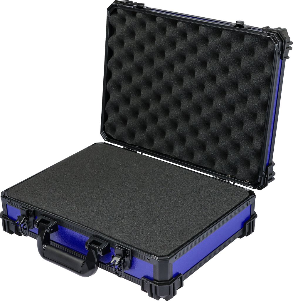 An open blue and black transport case with foam padding.