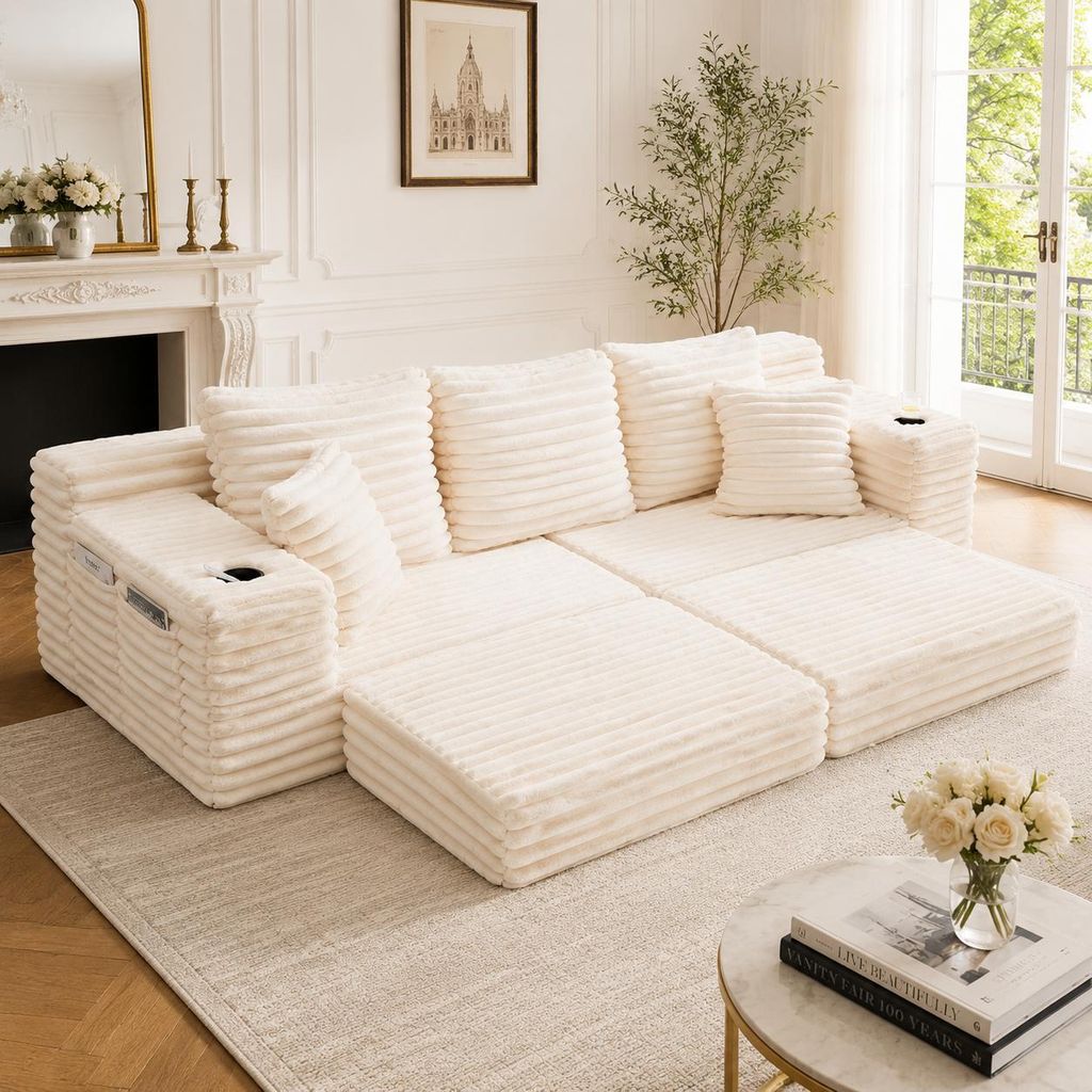 Cordsofa Beige Sofa mit Schlaffunktion Hohe Rš¹ckenlehne Couch mit Becherhalter Seitentaschen Polstersofa Modernes Loungesofa Wohnzimmersofa Sessel