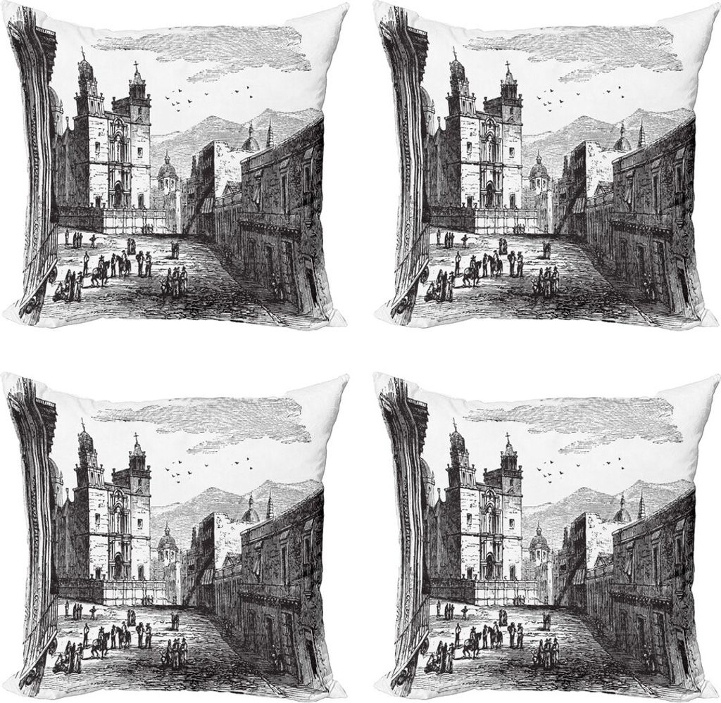 ABAKUHAUS Stadt Kissenbezug Set (4 Stück), Historisches Gebäude, Moderner Doppelseitiger Digitaldruck, 60 cm x 60 cm, Charcoal Grau Weiß