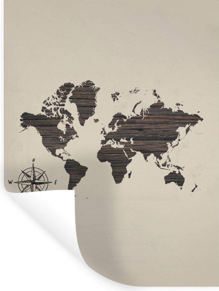 MuchoWow Wandtattoo Wandsticker Wandaufkleber Weltkarte - Holz - Vintage 30x40 cm Selbstklebend und Repositionierbar - Sticker - Dekorfolie