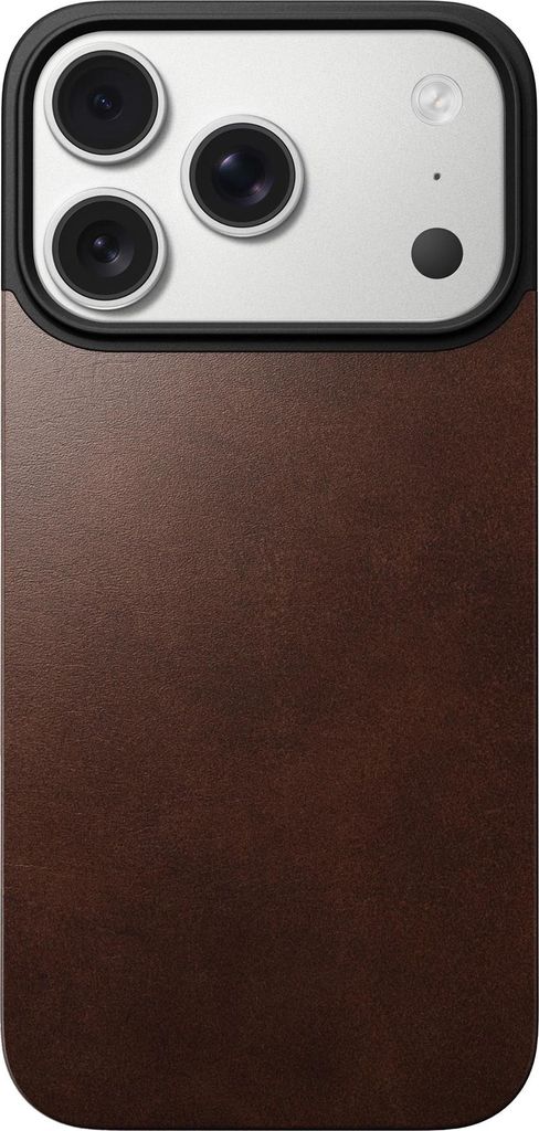 A close-up view of the back of an iPhone case with a leather texture.