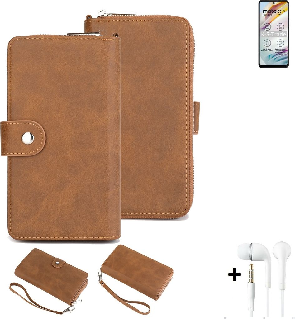 K-S-Trade Handy Schutz Hülle kompatibel mit Motorola Moto G40 Fusion + Kopfhörer Portemonnee Tasche Wallet-Case Bookstyle-Etui braun (1x)