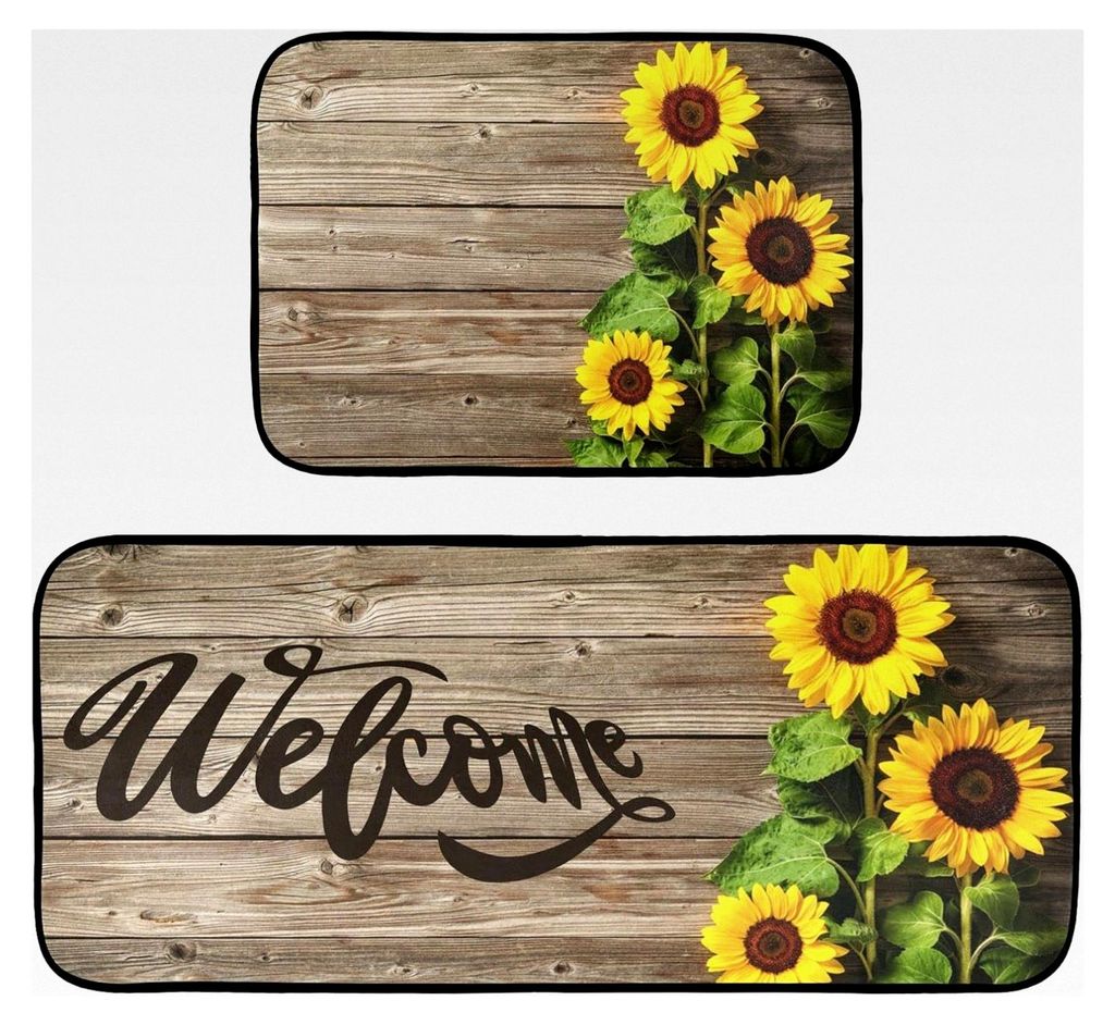 2-teiliges Küchenteppich-Set mit Sonnenblumenmotiv auf Holzbrett, rutschfest und waschbar, Flurläufer für die Küche