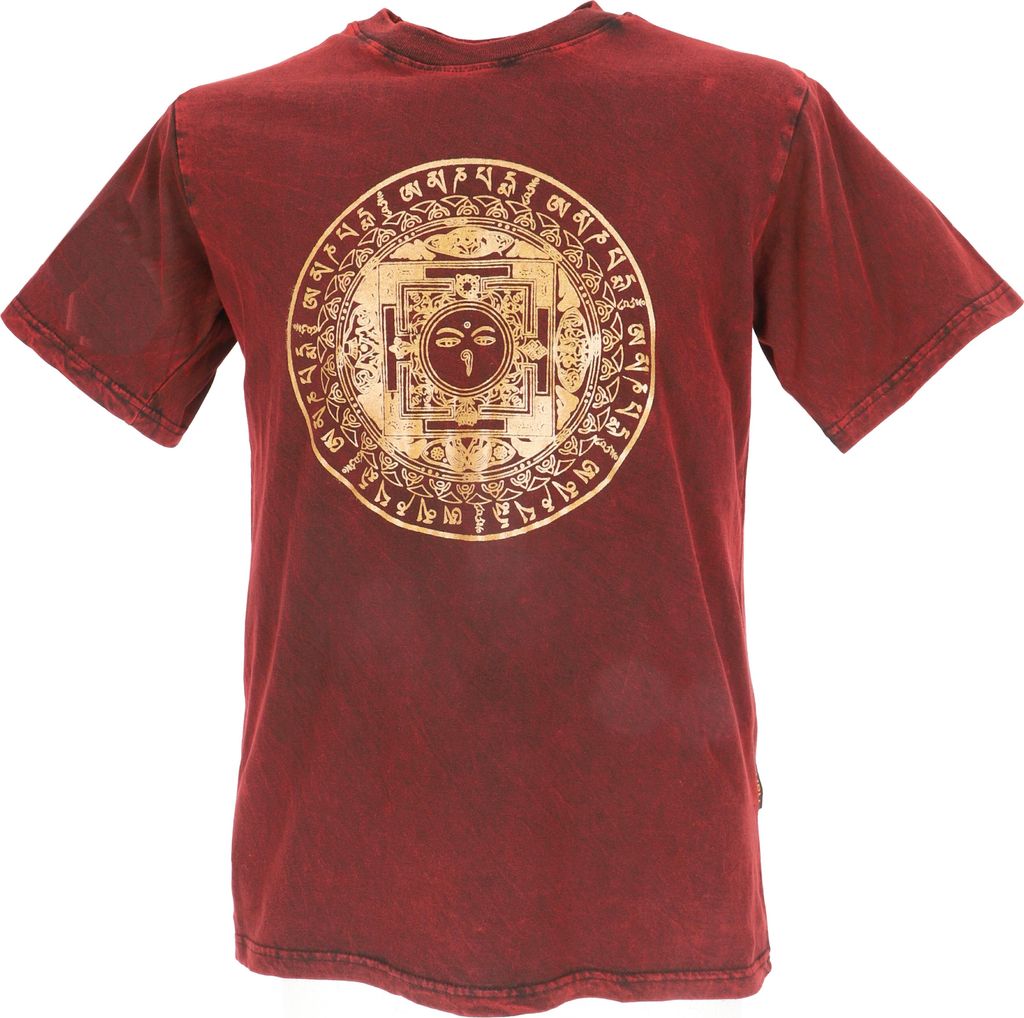 Tibet & Buddhist Art T-Shirt, Buddha Mandala Stonewash T-Shirt - Dunkelrot, Herren, Baumwolle, Größe: L