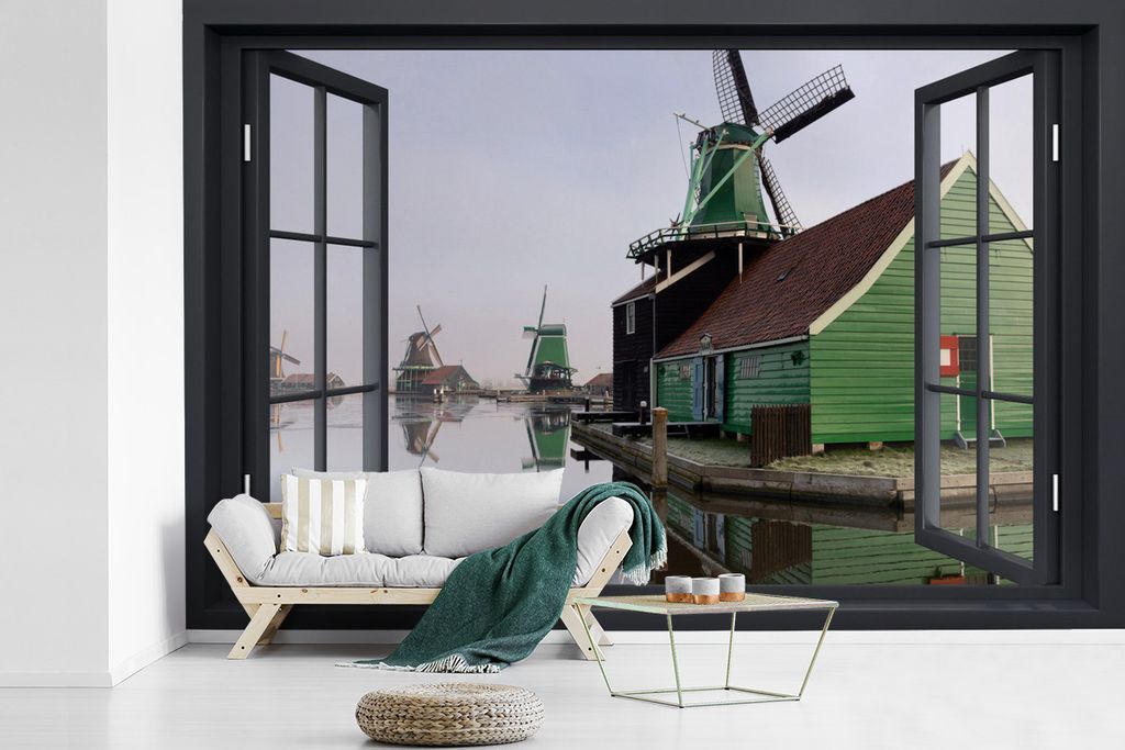 MuchoWow Fototapete für Wohnzimmer oder Schlafzimmer Wandtapete Vinyl Motivtapete Aussicht - Mühle - Grün - 450x300 cm - Gemusterte