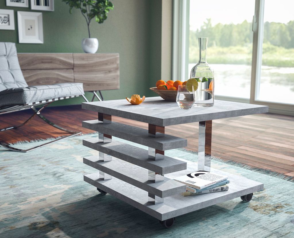 Design Couchtisch mit ROLLEN DC-2 Beton Betonoptik Tisch Wohnzimmertisch 60x60x45cm
