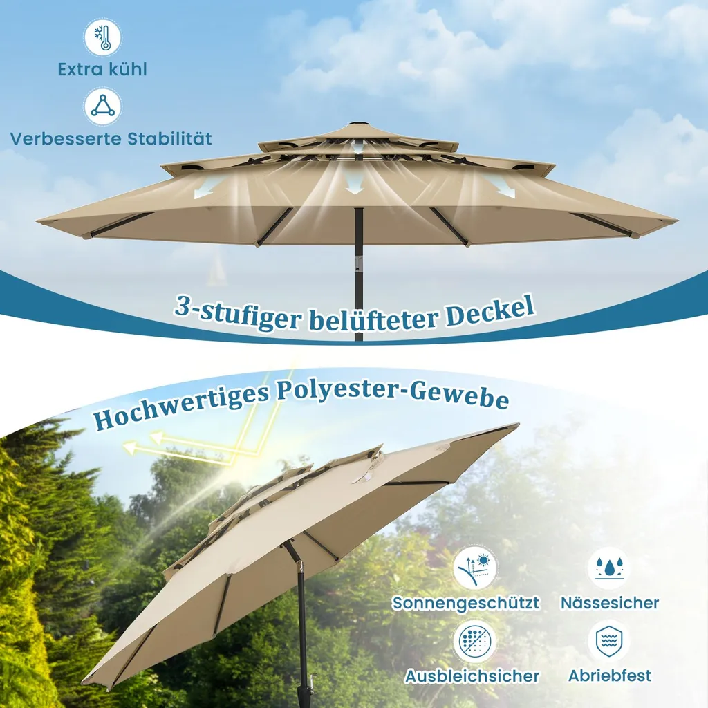 Parasol de marché 300cm Beige pour Jardin - Protection Solaire avec Manivelle - 4