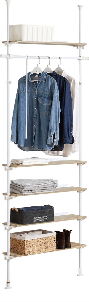 SoBuy KLS15-WN Teleskopstange Kleiderständer mit 1 Kleiderstange und 5 Ablagen Verstellbares Garderobenständer B 97 x H (193-262) cm Weiß & Natur