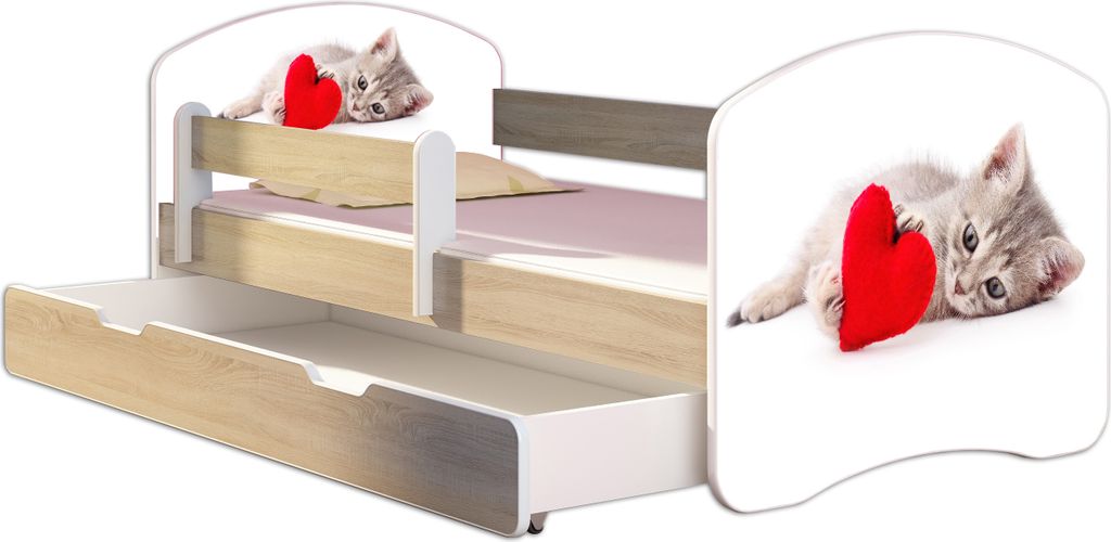 ACMA Jugendbett Kinderbett Junior-Bett Komplett-Set mit Matratze Lattenrost und Rausfallschutz Sonoma 40 Katze mit Herz 140x70 + Bettkasten