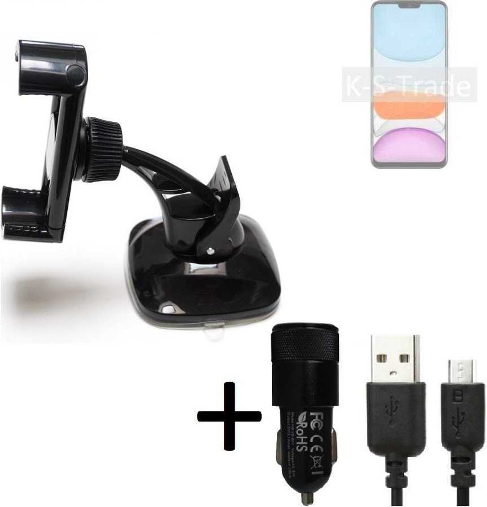 K-S-Trade Halterung kompatibel mit Meizu M10S Windschutzscheibe / Armaturenbrett + LADEGERÄT mit Mico USB Kabel Autohalterung KFZ Halter