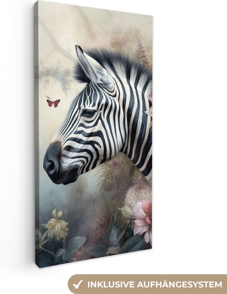 MuchoWow - Leinwandbilder - Zebra - Wilde Tiere - Schmetterling - Blumen, Wandbild, Wanddeko Bilder Wohnzimmer, 40x80 cm