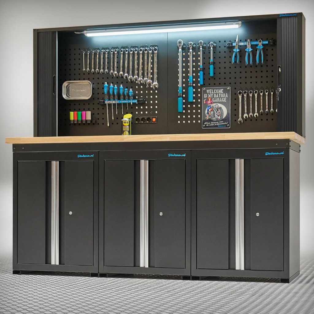 Werkbank PRO Eiche – 3 Türschränke – 1 Lochwandschrank – 200 cm – Schwarz