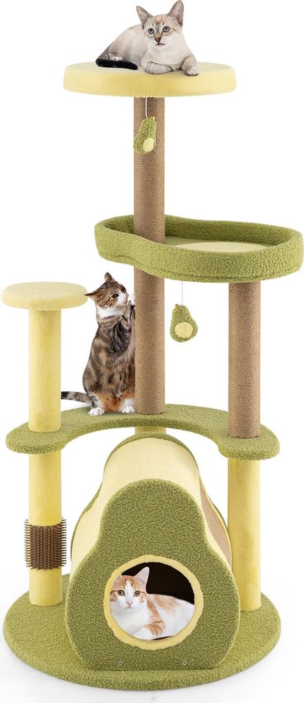 GOPLUS Kratzbaum Holz, Avocado-Form mit Katzenbett, Verschiedene Plattformen, Kratzstangen aus Jute, Grün