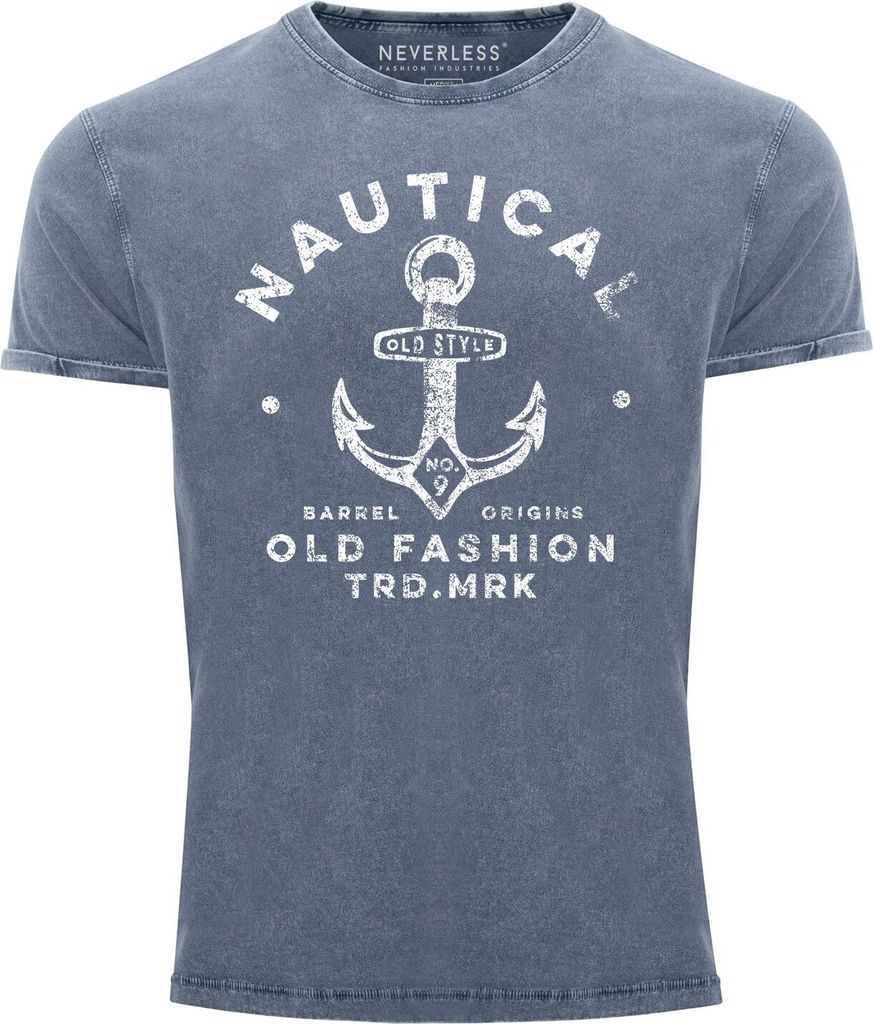 Herren Vintage Shirt Anker Motiv Nautical Old Fashion Printshirt Used Look Slim Fit Neverless blau XXL