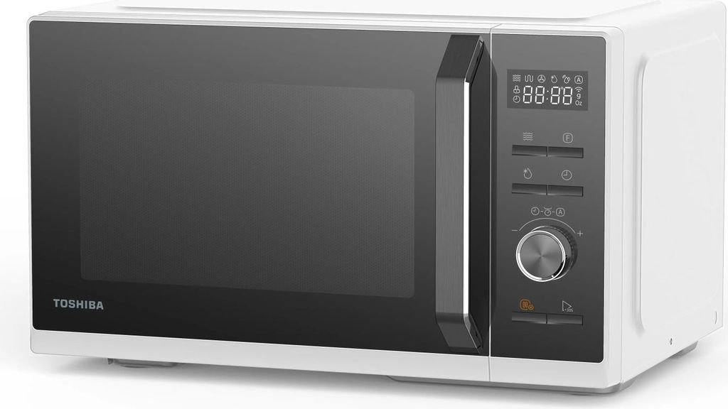 A white Toshiba microwave oven with a black door and control panel, shown from a slightly angled front view on a white background.