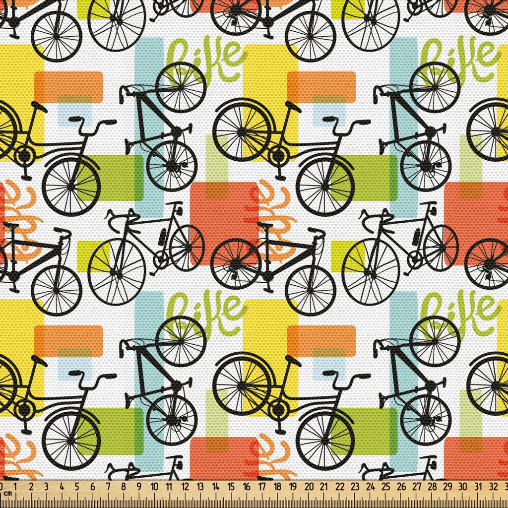 ABAKUHAUS Fahrrad Gewebe als Meterware, Fahrrad-Skizzen-Retro Art-geometrische Formen der Farben Hand-Drawn wie Beschriftung, 2 M (148 x 200 cm), M...