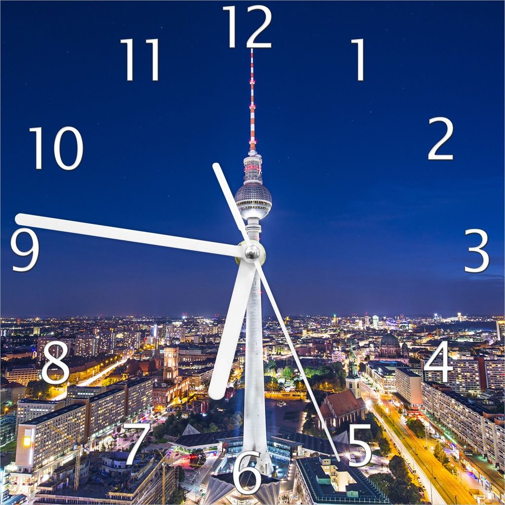 Wallario Design Wanduhr Fernsehturm Berlin bei Nacht aus Echtglas, Größe 20 x 20 cm
