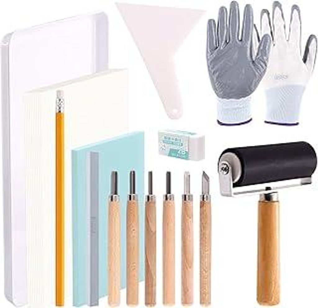Swpeet 24-teiliges Stempel-Starter-Set, Gummistempel, Schnitzblöcke, Tintenroller, Schnitzwerkzeuge, Handschuhe, Transparentpapier und Tintenmisch...