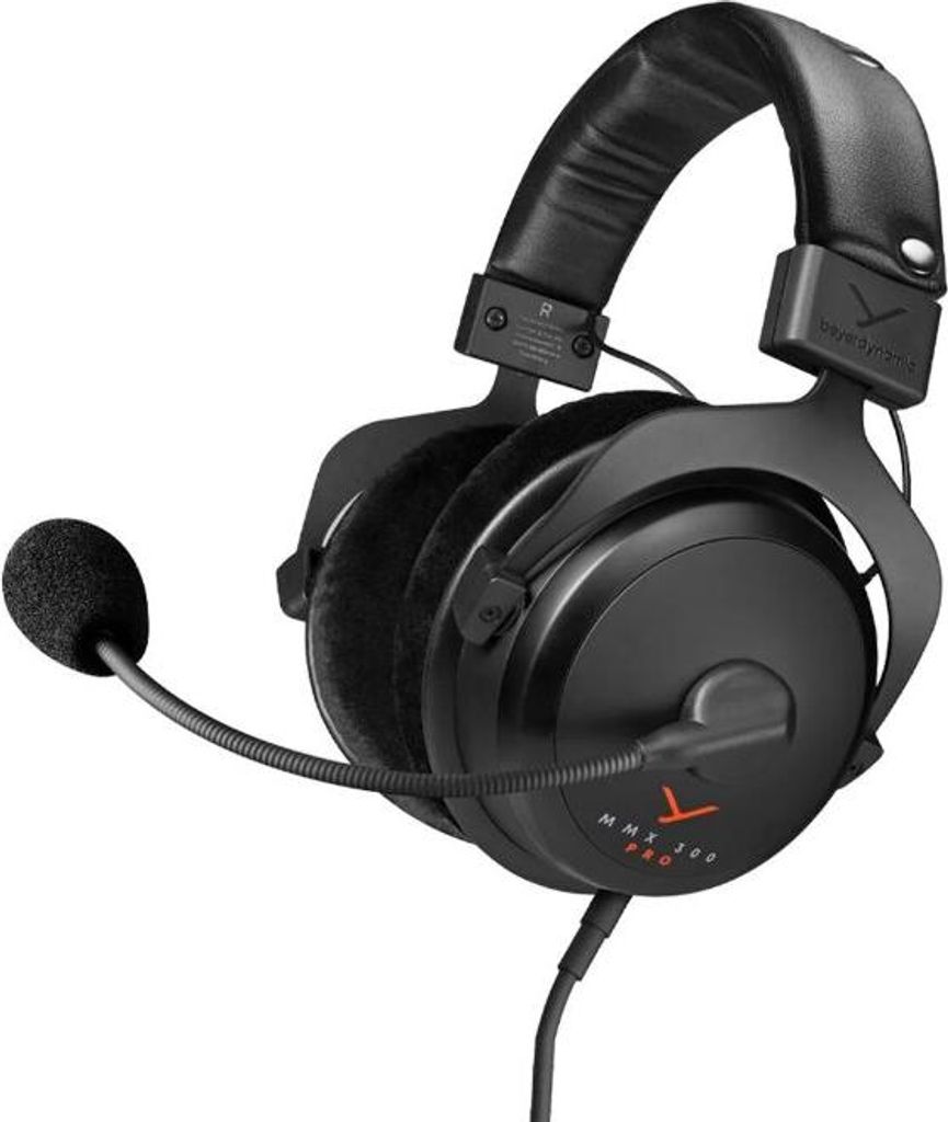 A black beyerdynamic MMX 300 Pro headset with a microphone.