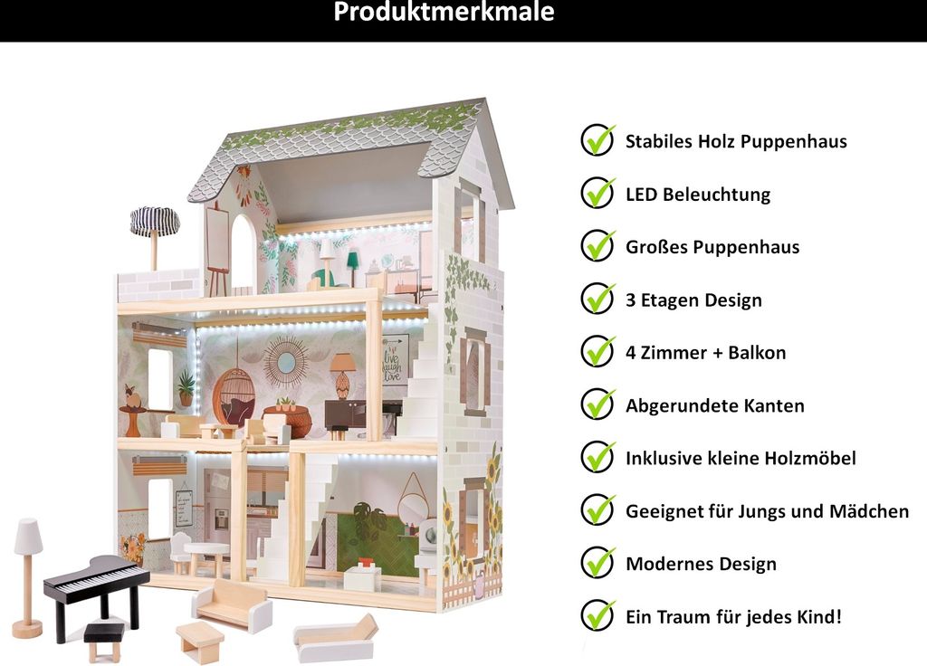 Großes Puppenhaus A92 XXL Traumhaus Set aus Holz mit LED Produktbild 12