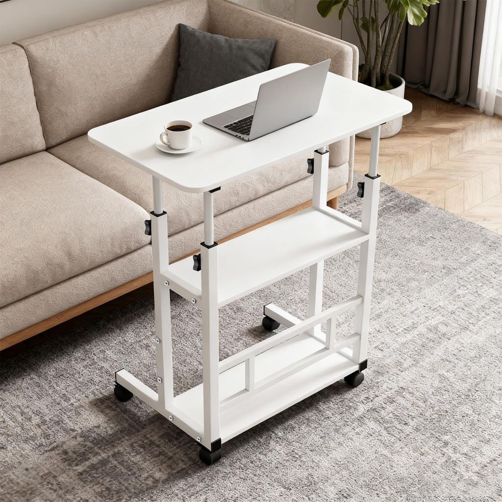 Höhenverstellbarer Schreibtisch,Mobiler Beistelltisch mit Rollen,Stabiler Stehpult Arbeitstisch PC-Tisch für Home Office,Sofa,Bett 60x40x63-91cm ...