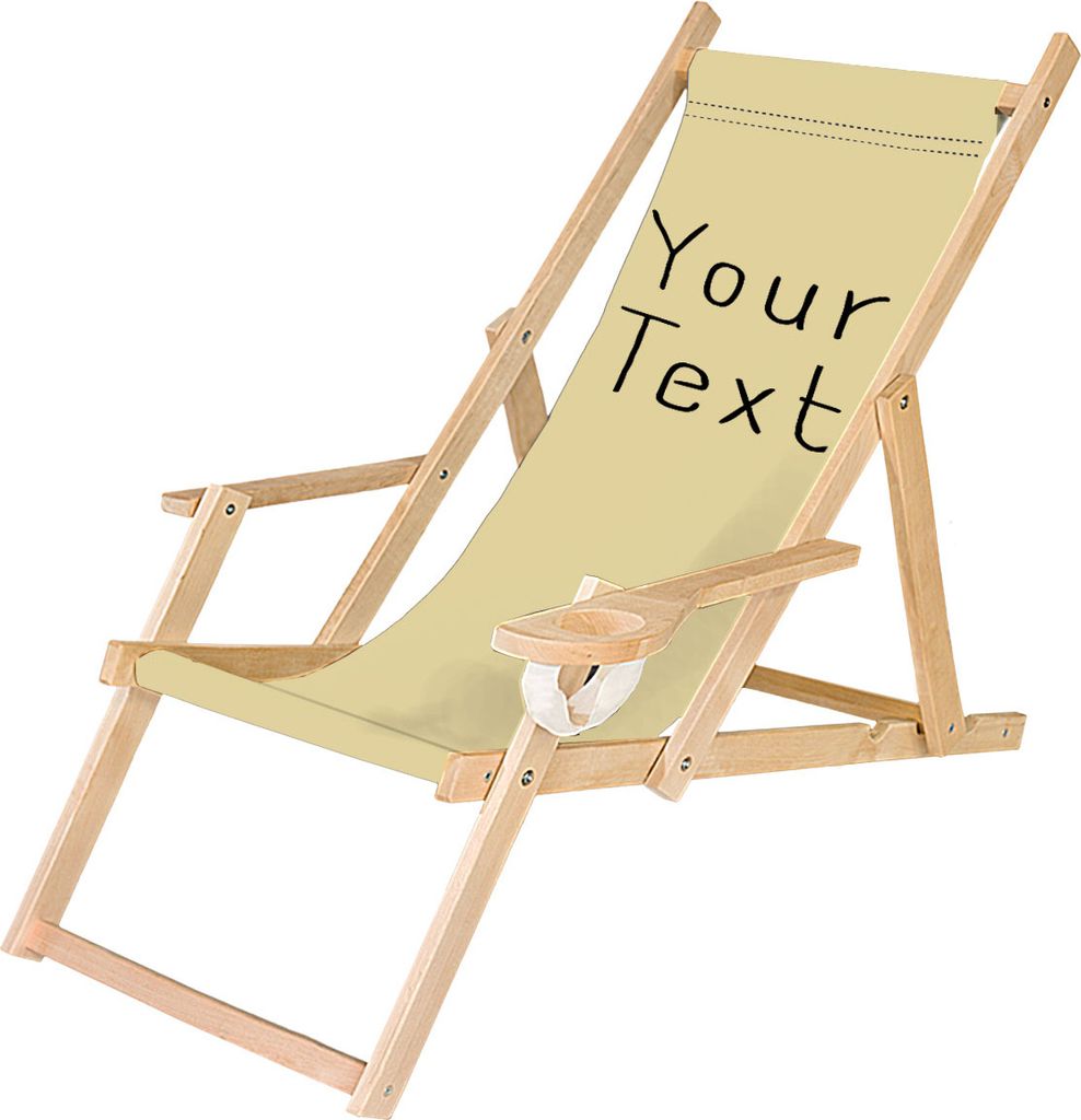 Holz Liegestuhl Klappbar Klappliegestuhl mit Armlehne und Getränkehalter Strandstuhl Motiv Bedrucken Beige Dein Text [119]