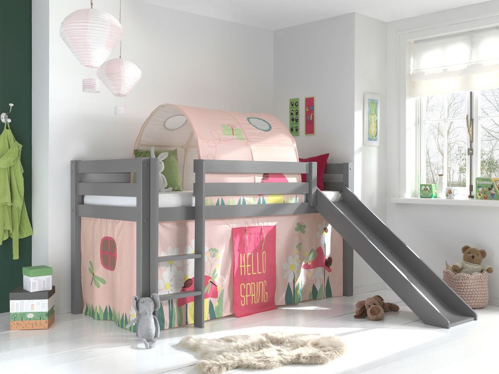 Vipack Spielbett Pino inkl. Rutsche mit Textilset Vorhang und Tunnel "Spring"