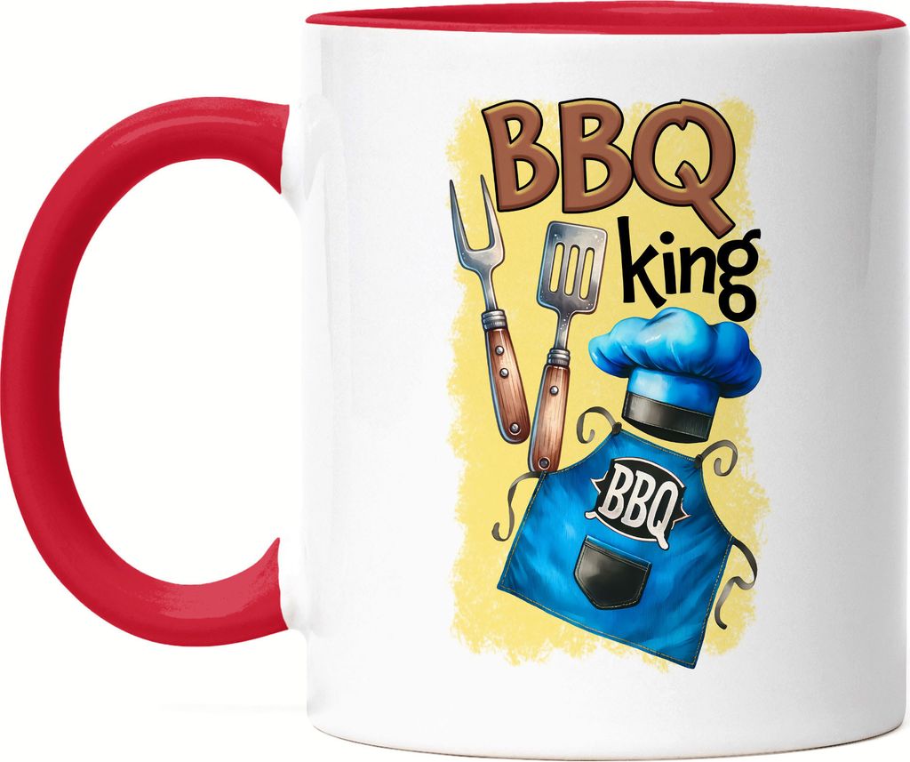 BBQ King Grillmeister Schürze und Besteck lustiger Grill Humor Tasse Rot