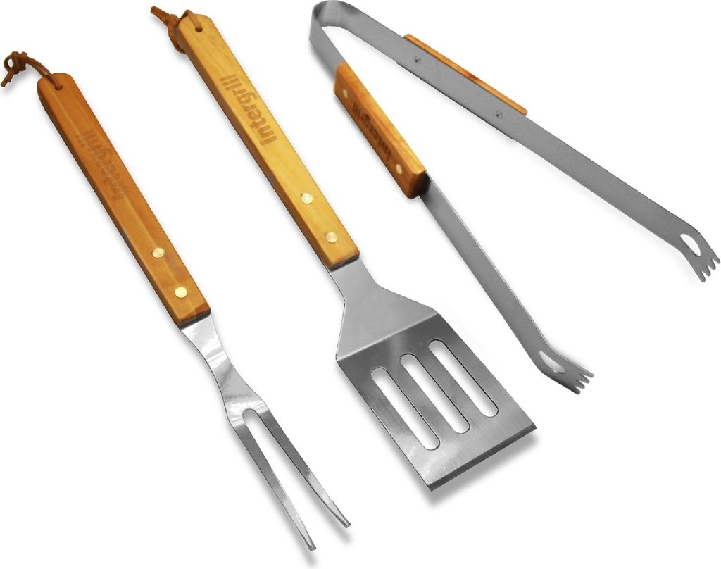 Intergrill 800° Grillwerkzeug Grillbesteck BBQ Tool Set 3-teilig Edelstahl Eichenholz
