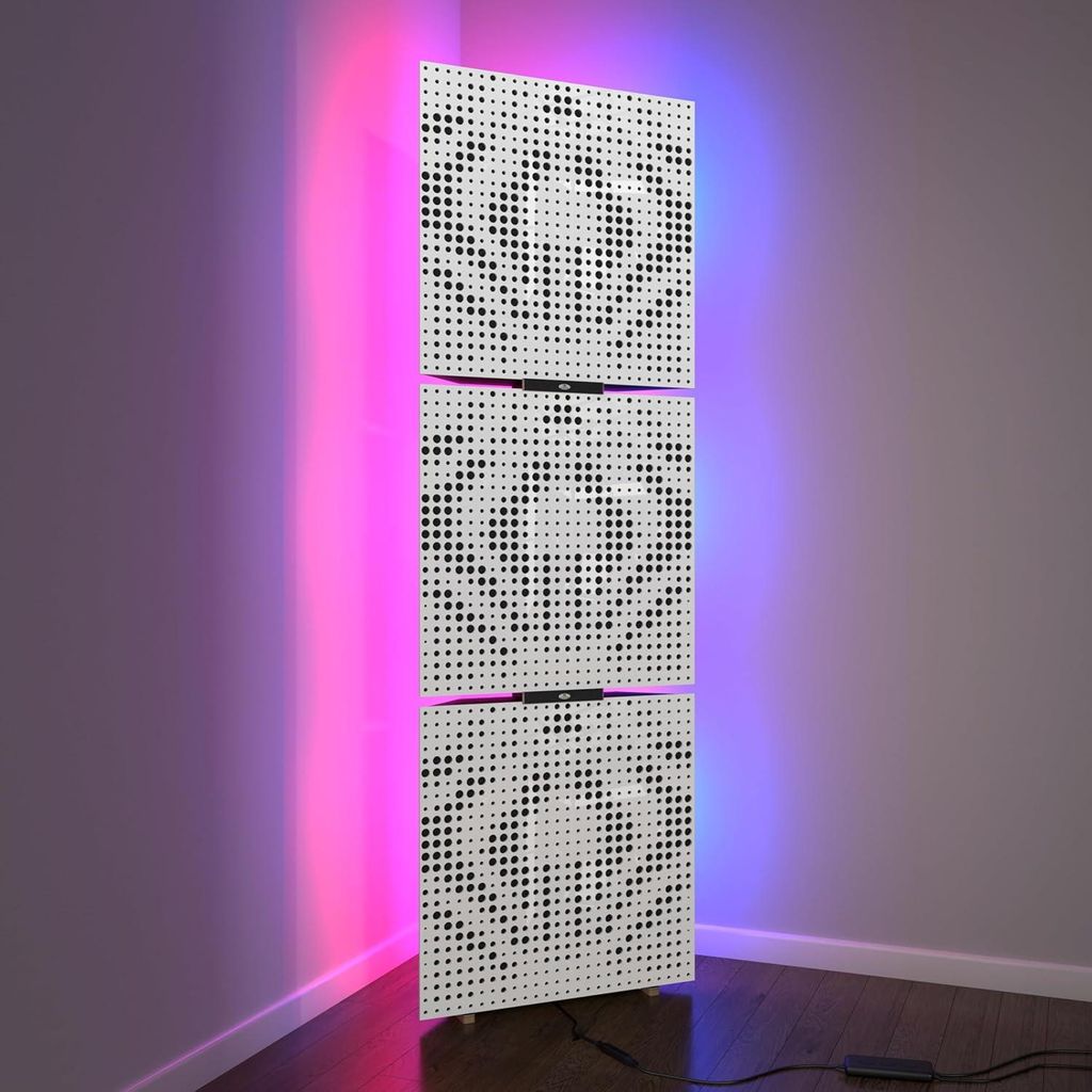 3er-Pack– Akustik-Bassfallen „UNIVERSE“ mit Stehlampe | Mobiler Akustik-Eckständer mit LED-RGB-Hintergrundbeleuchtung | 150x50x15cm |Weiß