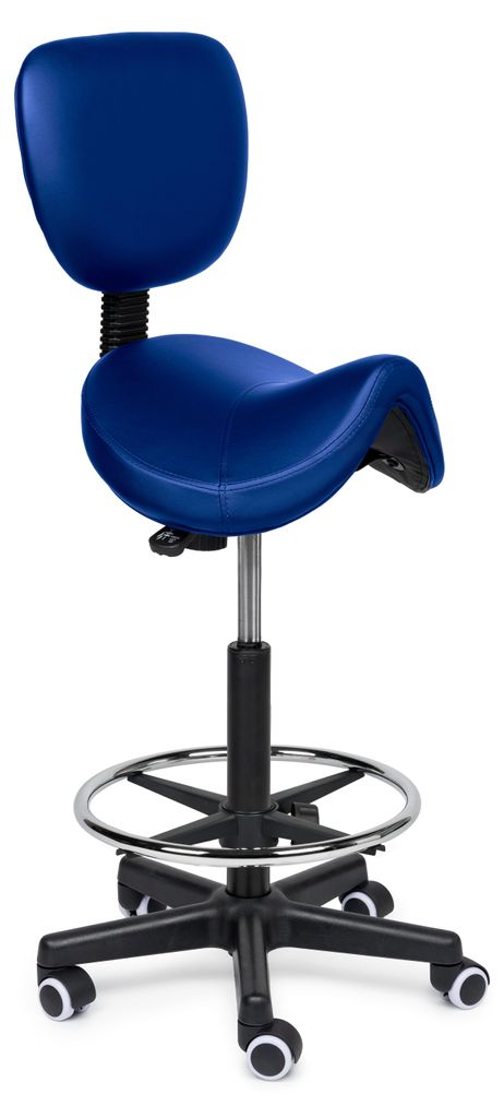 Premium Sattelhocker mit Lehne Blau Auf Räder - Hoch (70-84cm) / mit Fußstütze / Weiche Räder