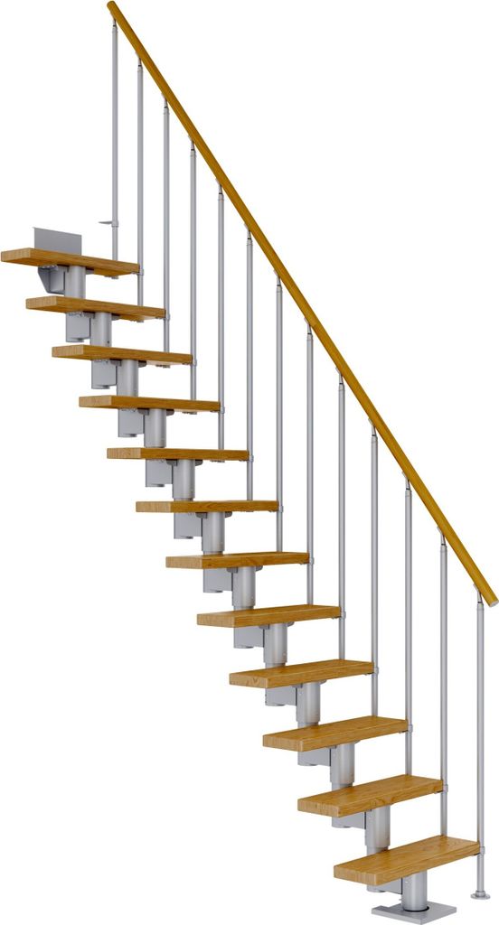 Dolle Mittelholmtreppe Dublin Gerade aus Eiche lackiert 71 cm breit für GH 278–337 cm UK Metall Perlgrau mit Einzelstabgeländer