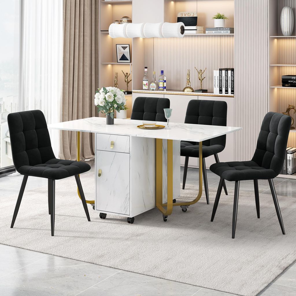 Fortuna Lai Essgruppe,(Set,150×80×76cm Esstisch mit 4 Stühlen), Klappbarer Küchentisch Set, Samt Esszimmerstühle , Polsterstuhl Design Stuhl m...