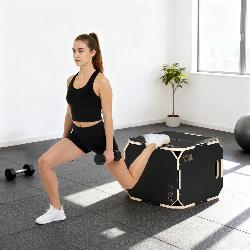 Plyo Box 3-in-1 Sprungbox, Plyobox mit Grifföffnungen, Sprungkasten Holz, Schwarz | 61 x 51 x 41 cm | 3 Sprunghöhen | 15,5 kg