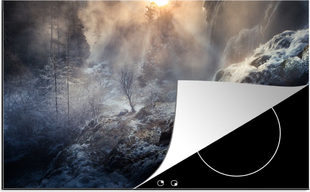 KitchenYeah Herdabdeckplatte Wasserfall - Eis - Nebel , 91x52cm, Küche Deko, Glaskeramikfeld Herdabdeckung, Abdeckplatte fùr Kochfeld