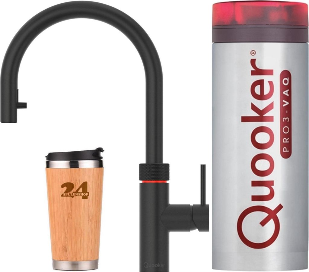 A black Quooker faucet and a Quooker PRO3 VAQ tank are shown next to a wooden travel mug.