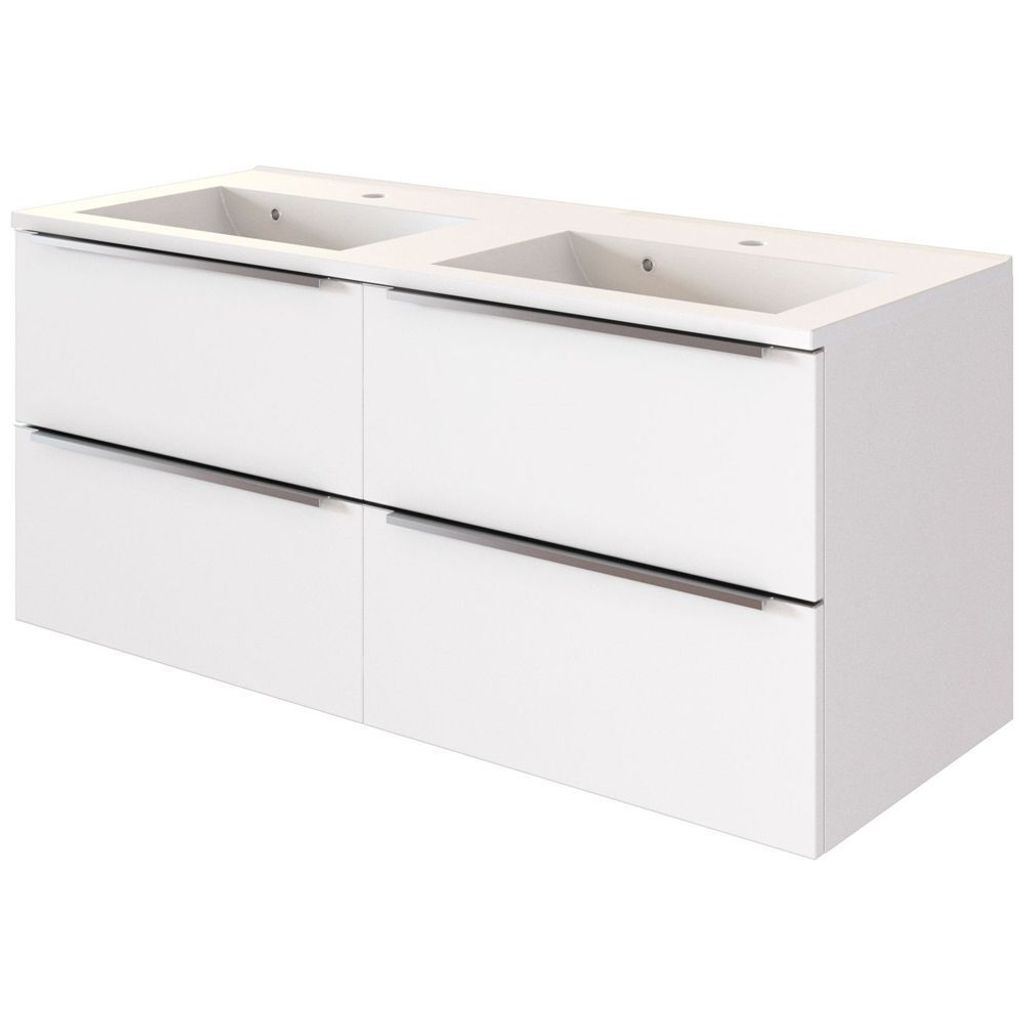 Doppelwaschtisch mit Waschbecken 120cm in Matt weiß GHOM-03 Unterschrank mit 4 Softclose-Auszügen, B/H/T ca. 120/54/48 cm