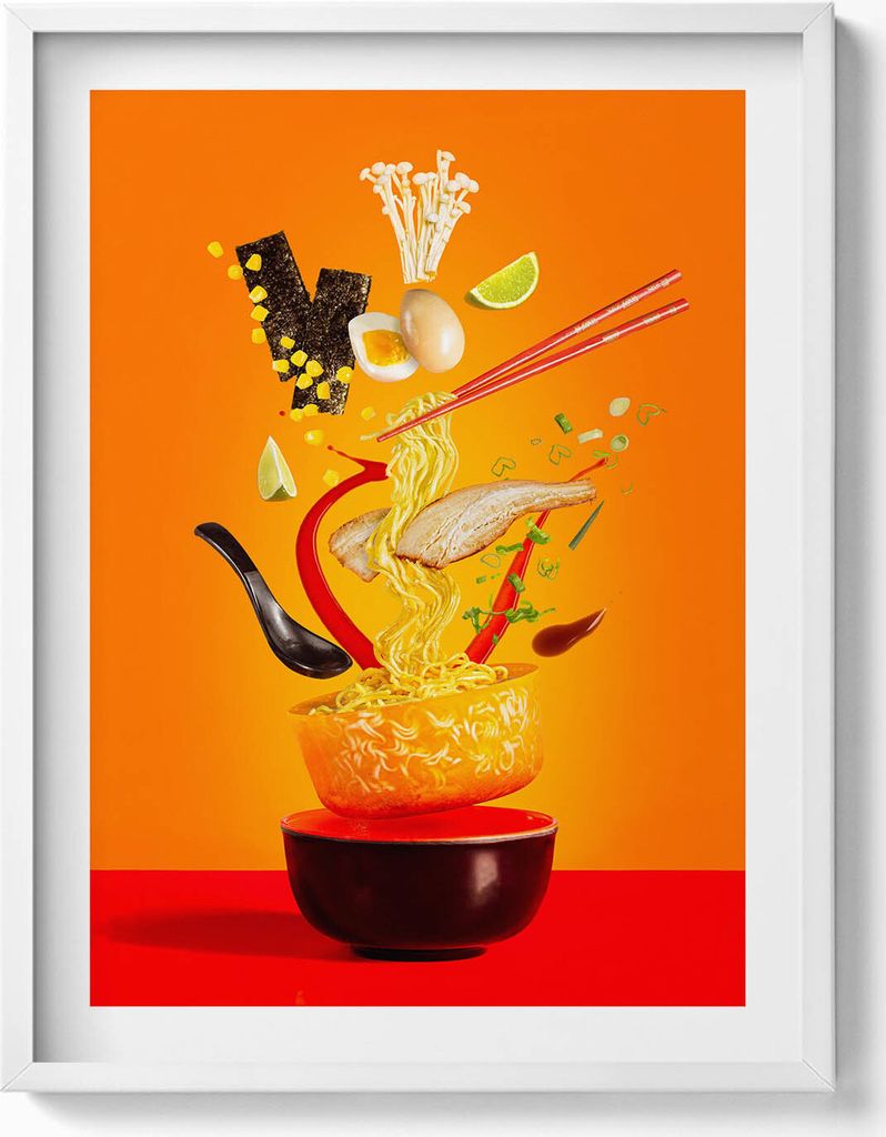 Illustration einer Ramen-Suppe - Thema für die Küche– Wandbild mit Rahmen – Gerahmtes Bild – Wanddekoration – 60x80 cm – Weiß Rahmen