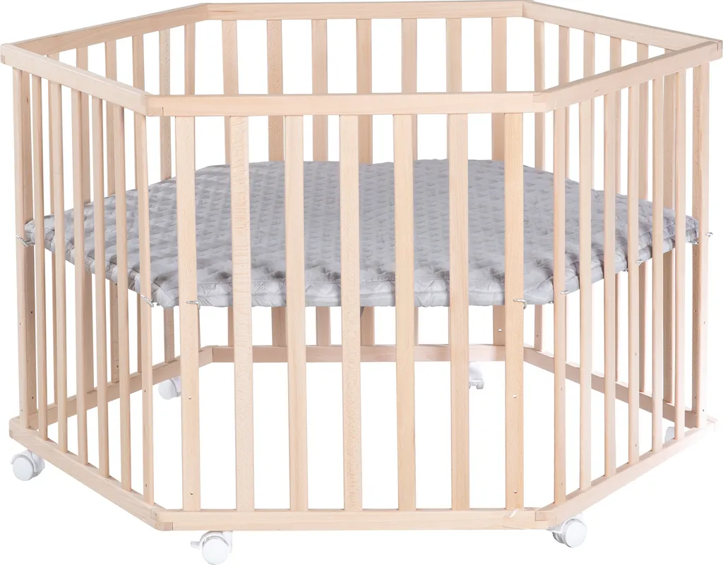 Parc de jeu hexagonal bébé pour salon en bois hêtre avec fond réglable