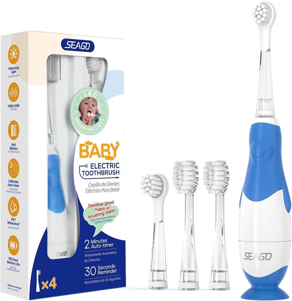 Elektrische Zahnbürste Kinder ab 0-3 Jahr mit LED Licht, Weichen BPA-freiem Runder Gummierte Bürstenkopf, 2 Minuten , IPX7, für Empfindliche Bab...
