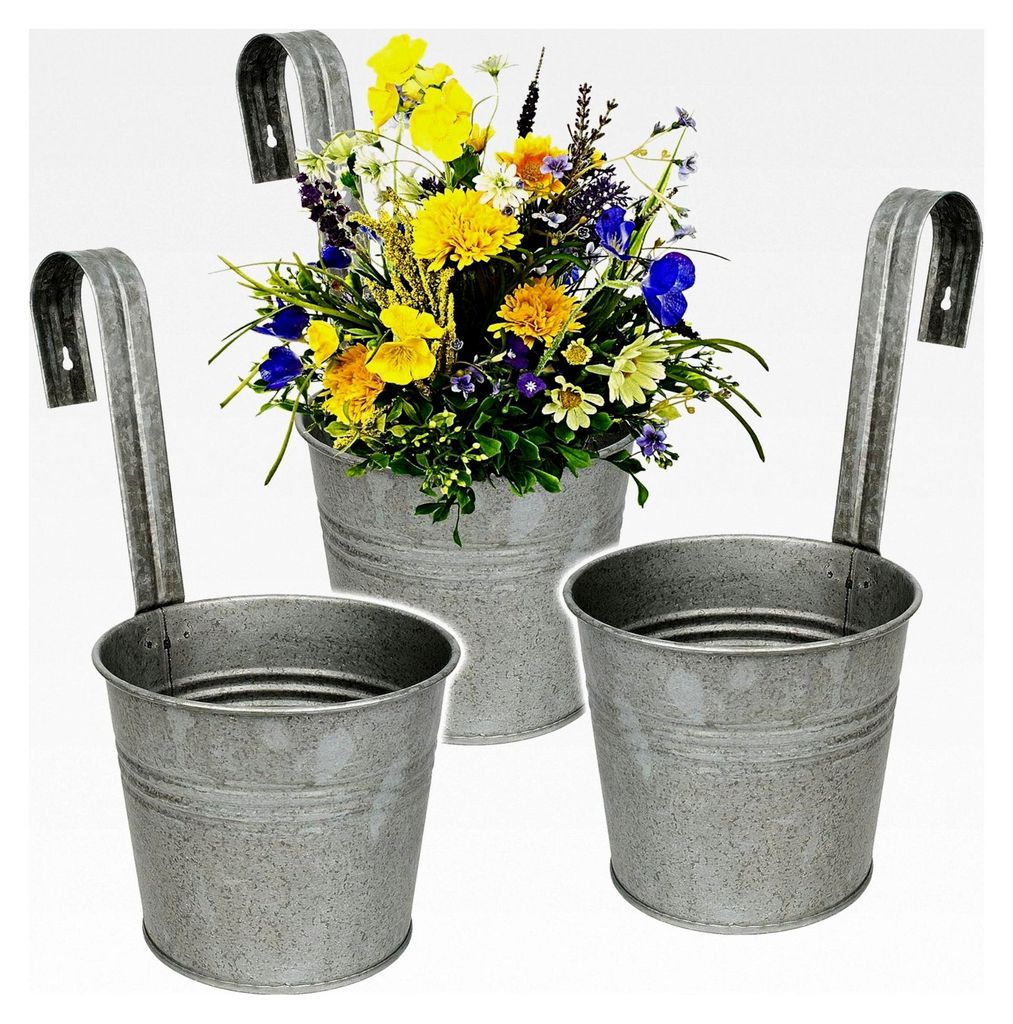 5 Stück Hänge-Blumentöpfe - Metall - Ø 17 cm - metallic grau/anthrazit RUND - Hängend mit Haken & Halterung