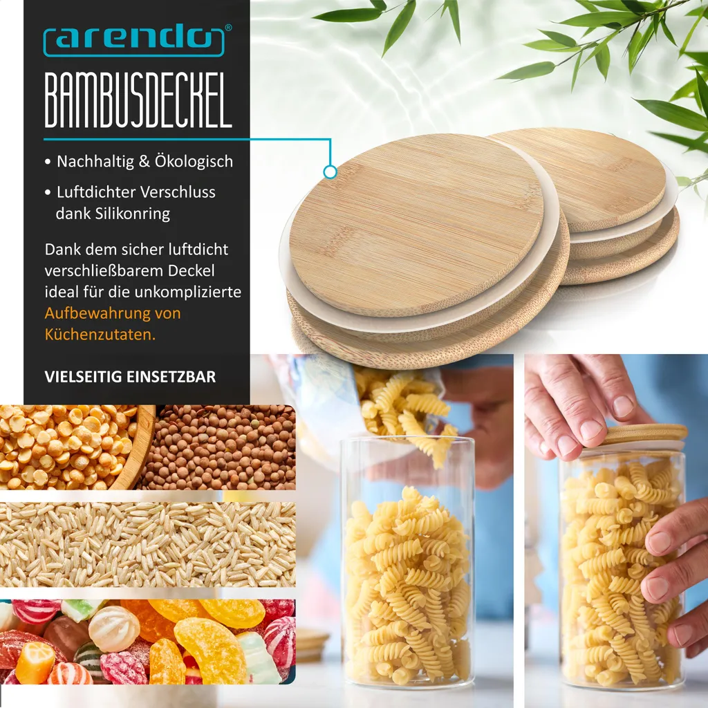 Arendo barattoli per la conservazione, set di barattoli in vetro 6x 1,5 litri borosilicato, coperchio in bambù, adesivo e pennarello, set di 6, resistenti al calore, ermetici, adatti al microonde e al lavaggio in lavastoviglie - 3