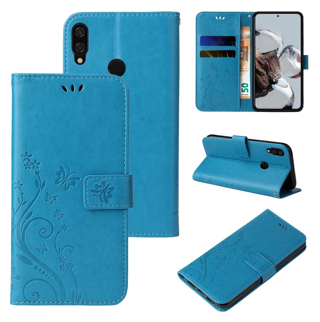 Handyhülle für Huawei P20 Lite Floral Blumen Schmetterling Flip Cover Hülle Case Klapphülle Handytasche Farbe: Blau
