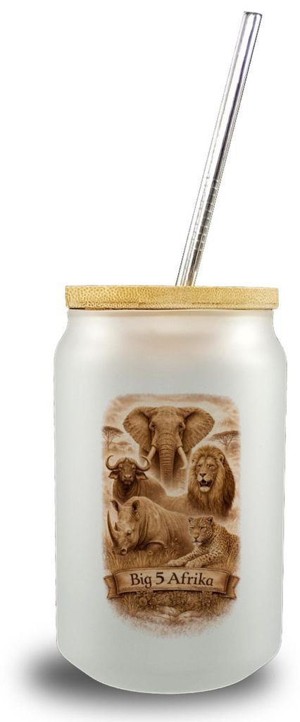 Big 5 Afrika Trinkglas mit Bambusdeckel mit Tiermotiven