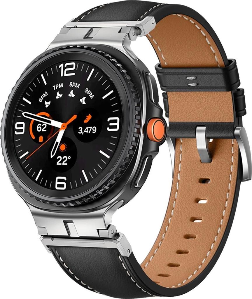 Für Samsung Galaxy Watch 8 / 8 Classic Leder Armband mit Metall Connector Schwarz / Silber