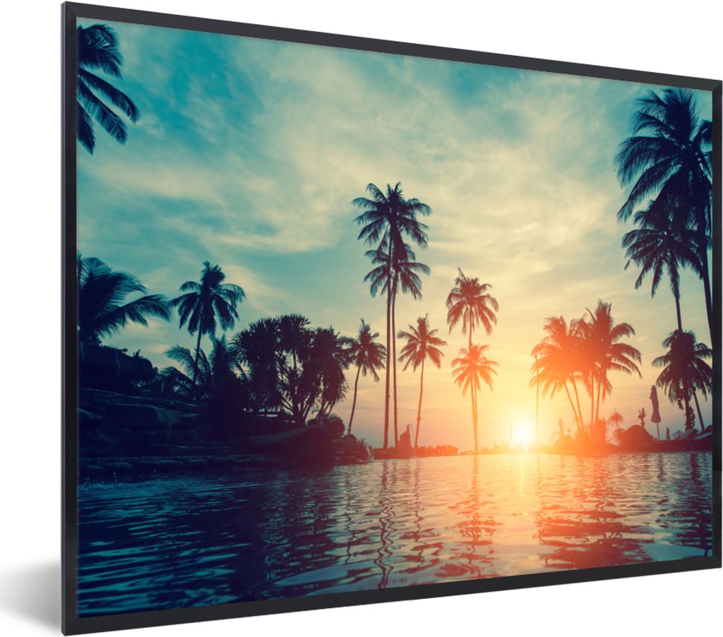 MuchoWow Gerahmtes Poster Meer - Sonnenuntergang - Palme - Wolken 40x30 cm - Poster mit Schwarzem Bilderrahmen Wandposter Rahmen Foto Bilder - Ku...